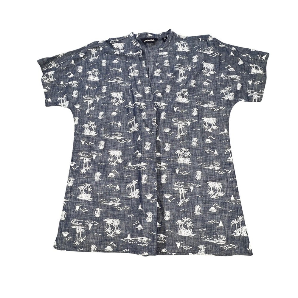 Lands' End Blue Tropical Island Print Split Neck Top Women Size M 10-12